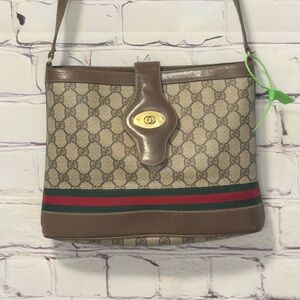 VINTAGE GUCCI GG SUPREME COATED CANVAS SHOULDER BAG GREEN RED STRIPE